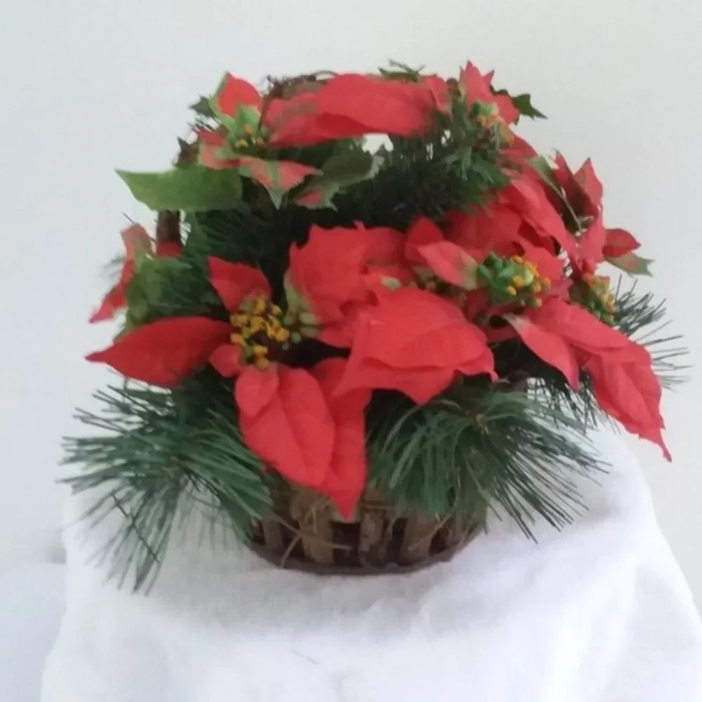 Christmas Grapevine BASKET Poinsettia Holly Berry Evergreen Holiday Décor